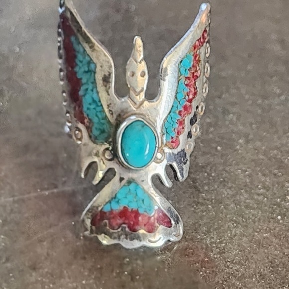 Native American Jewelry - Sterling Silver Native American Turquoise Red Inlay Bird Ring Sz 8 Women Jewelry